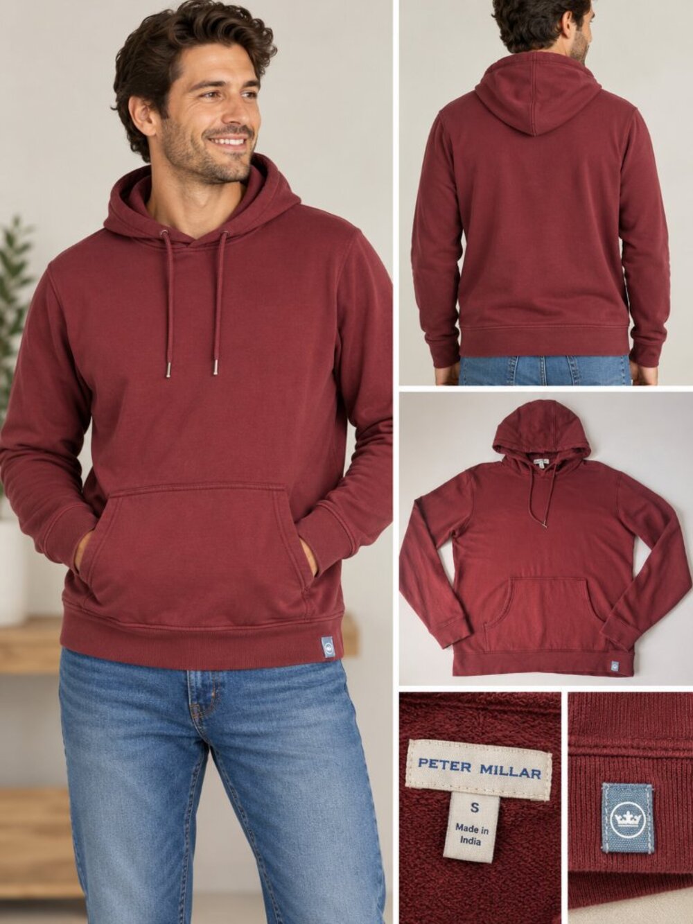 Peter Millar Lava Wash Hoodie Maroon Men's Small Cotton Modal